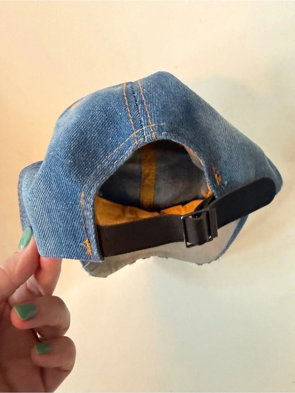 Denim Rhinestone Baseball Cap with American Flag Patch - Blue distressed